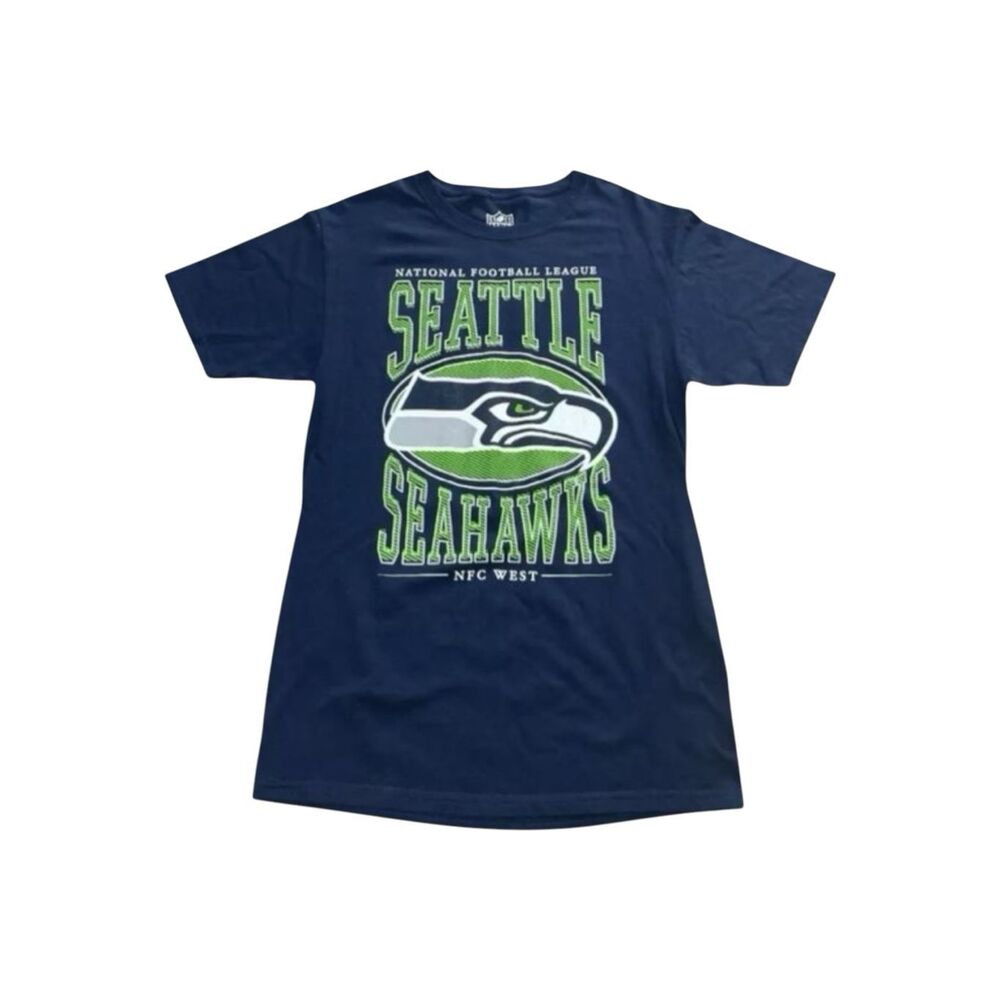 Men Seattle Seahawks Blue Graphic T-Shirt Size S Cotton NFL Short Sleeve